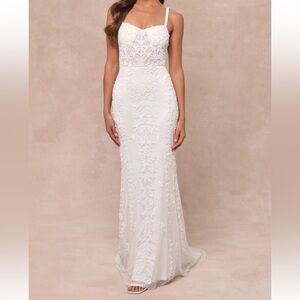 New Lulus Sz S Momentous Love White Beaded Bustier Mesh Mermaid Maxi Dress